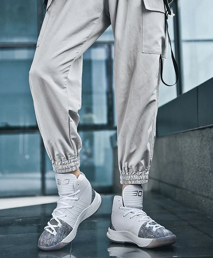 Men's High Top Basketball Sneakers Breathable Knit Upper Shock Absorbing Cushioning Anti Slip Sports Trainers_vogvips.com