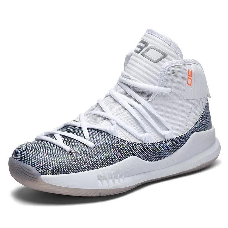 Men's High Top Basketball Sneakers Breathable Knit Upper Shock Absorbing Cushioning Anti Slip Sports Trainers_vogvips.com
