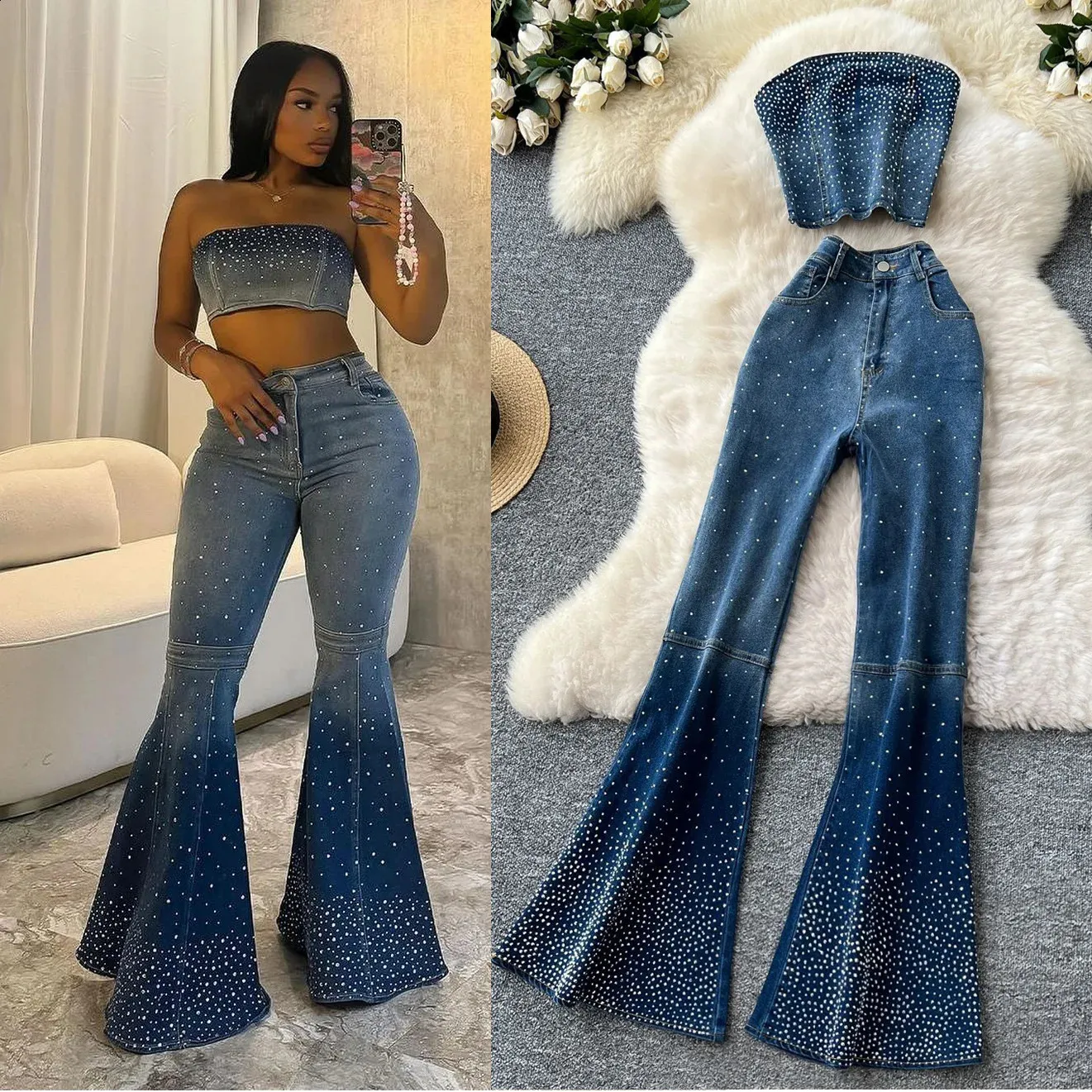Womens Diamond Two Piece Denim Sequin Flare Pants... From 
