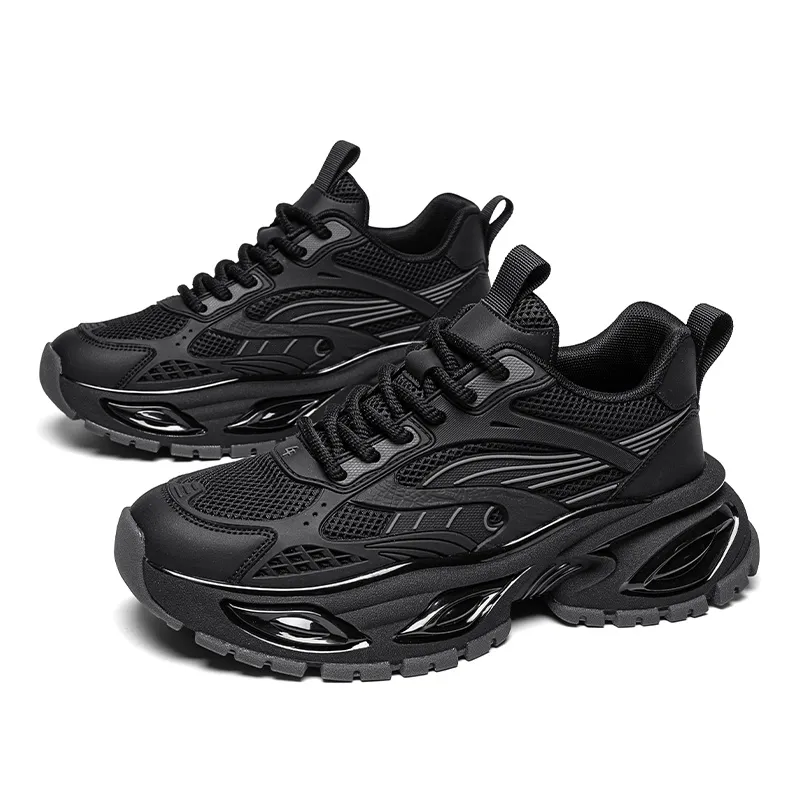 All Black Chunky Dad Sneakers Mesh Breathable Platform Sports Shoes For Men Women_voghion.com