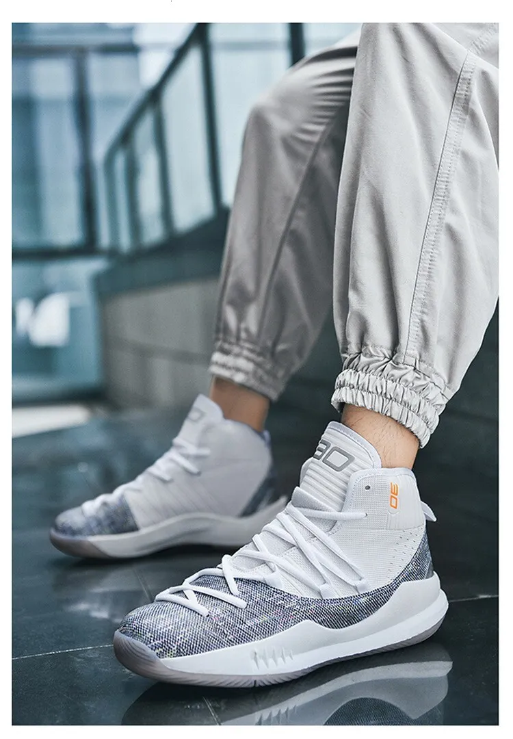 Men's High Top Basketball Sneakers Breathable Knit Upper Shock Absorbing Cushioning Anti Slip Sports Trainers_vogvips.com