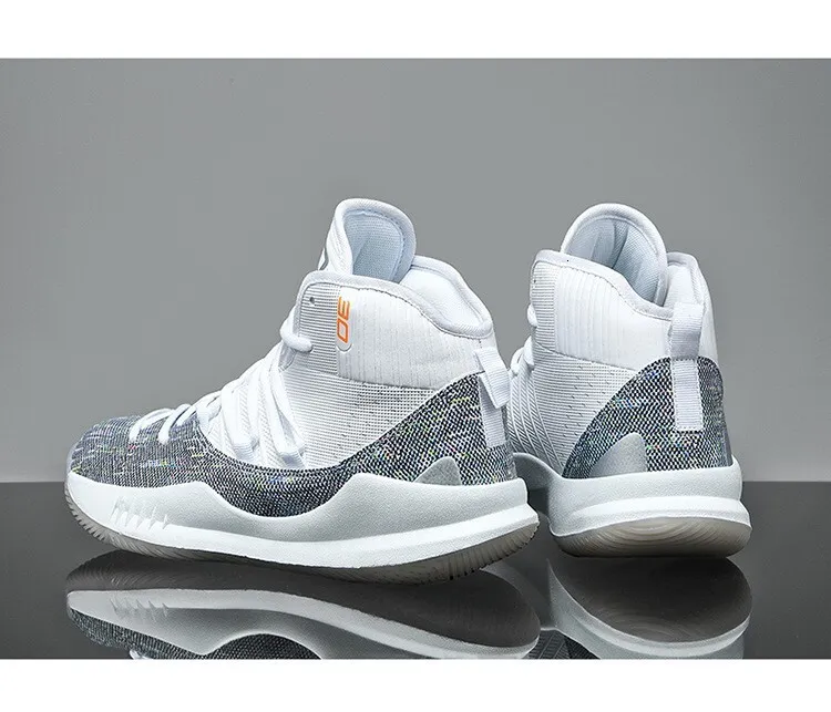 Men's High Top Basketball Sneakers Breathable Knit Upper Shock Absorbing Cushioning Anti Slip Sports Trainers_vogvips.com