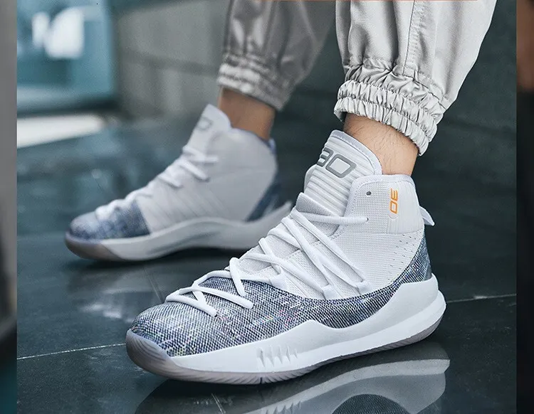 Men's High Top Basketball Sneakers Breathable Knit Upper Shock Absorbing Cushioning Anti Slip Sports Trainers_vogvips.com