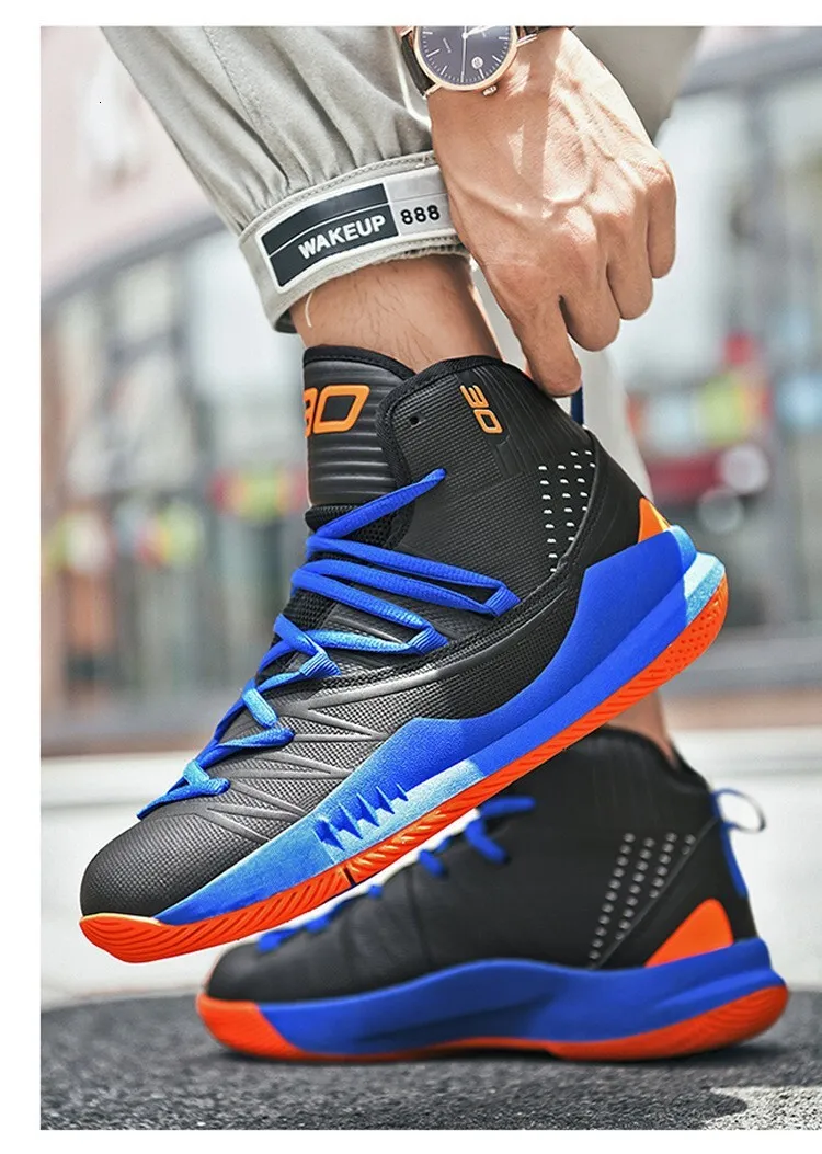Men's High Top Basketball Sneakers Breathable Knit Upper Shock Absorbing Cushioning Anti Slip Sports Trainers_vogvips.com
