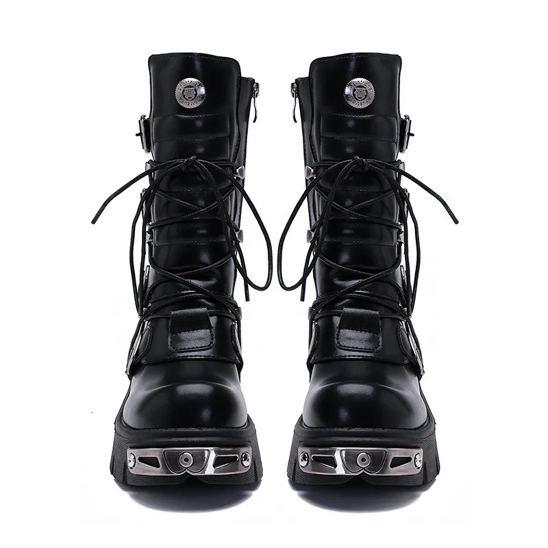 Gothic Skull Metal Platform Black Leather Punk Rock Motorcycle Combat Boots With Buckle Straps_voghion.com