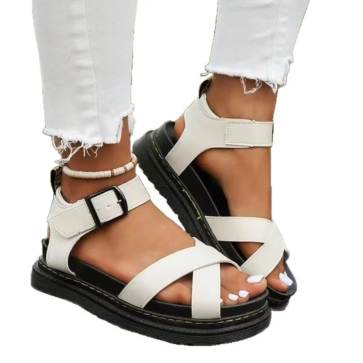 Designer Shoe 2026 Summer New Thick Soled One Strap Cross Solid Color Buckle Large Size Hollow Roman Beach Sandals For_voghion.com