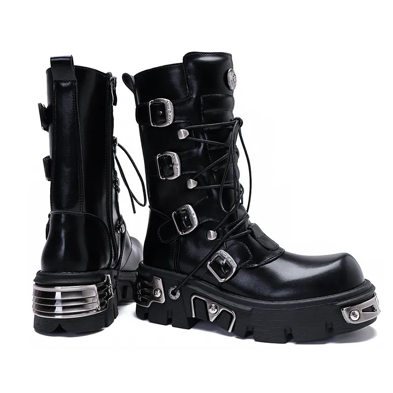 Gothic Skull Metal Platform Boots Black Leather Punk Rock Style_voghion.com