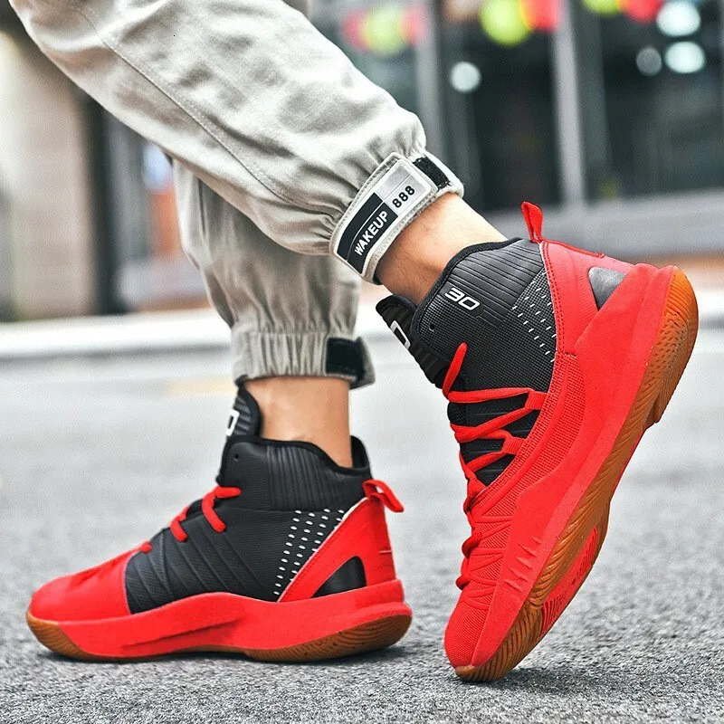 Men's High Top Basketball Sneakers Breathable Knit Upper Shock Absorbing Cushioning Anti Slip Sports Trainers_vogvips.com