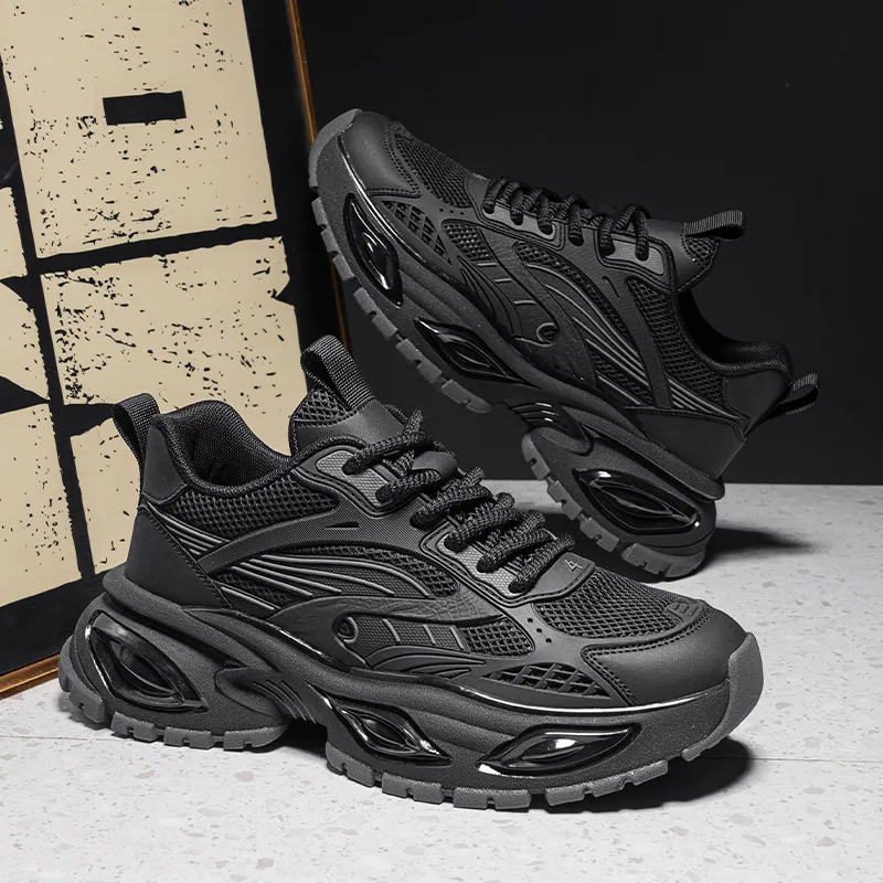 Black Chunky Dad Sneakers Breathable Mesh Platform Sports Shoes_voghion.com