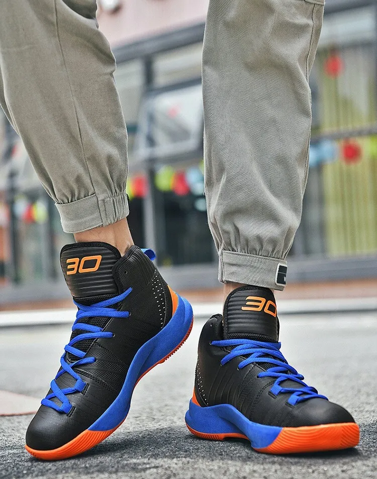 Men's High Top Basketball Sneakers Breathable Knit Upper Shock Absorbing Cushioning Anti Slip Sports Trainers_vogvips.com