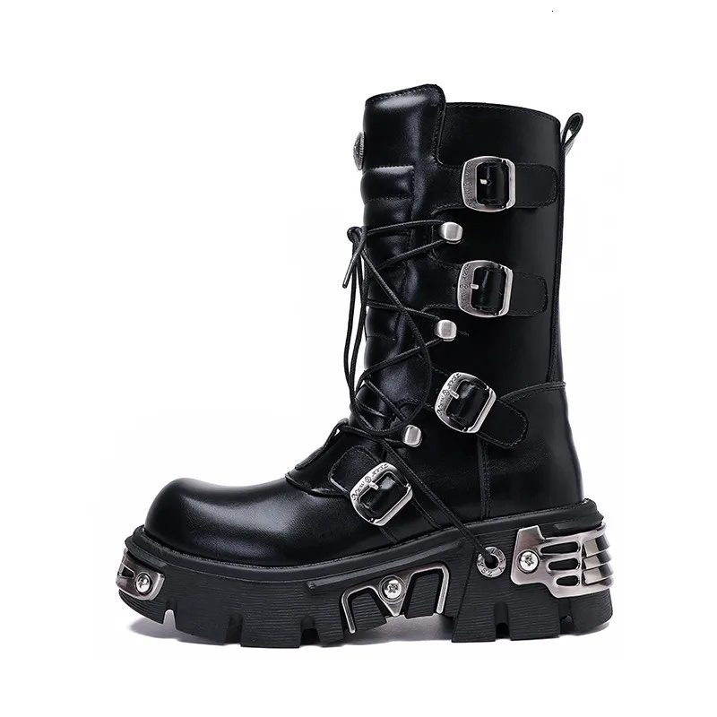 Gothic Skull Metal Platform Black Leather Punk Rock Motorcycle Combat Boots With Buckle Straps_voghion.com