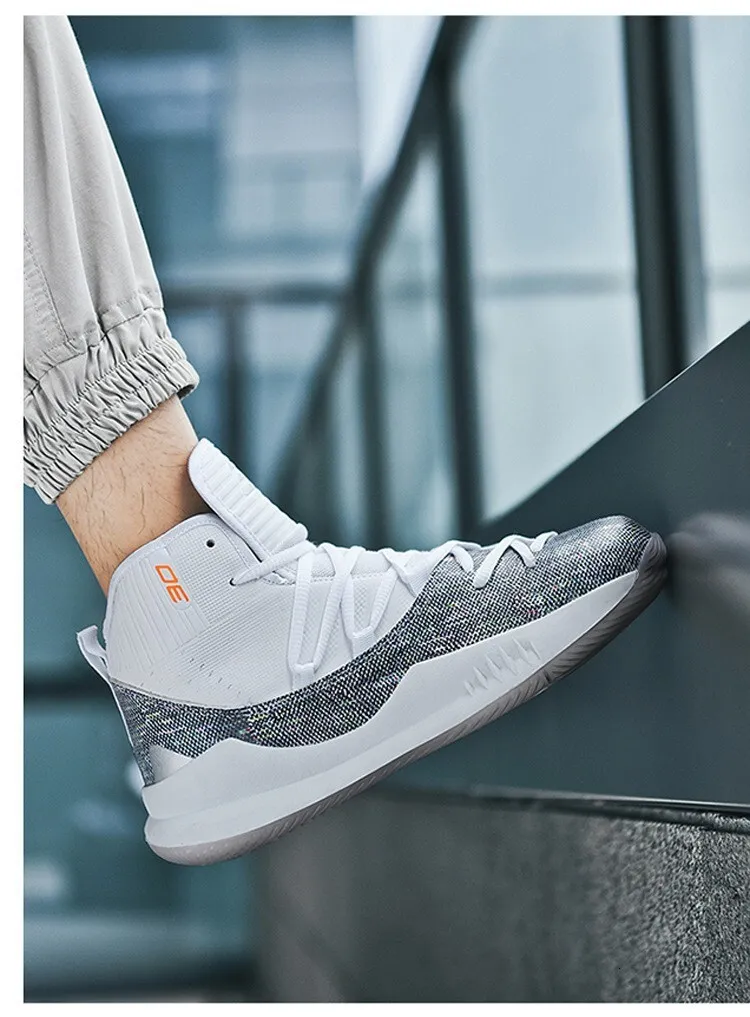 Men's High Top Basketball Sneakers Breathable Knit Upper Shock Absorbing Cushioning Anti Slip Sports Trainers_vogvips.com