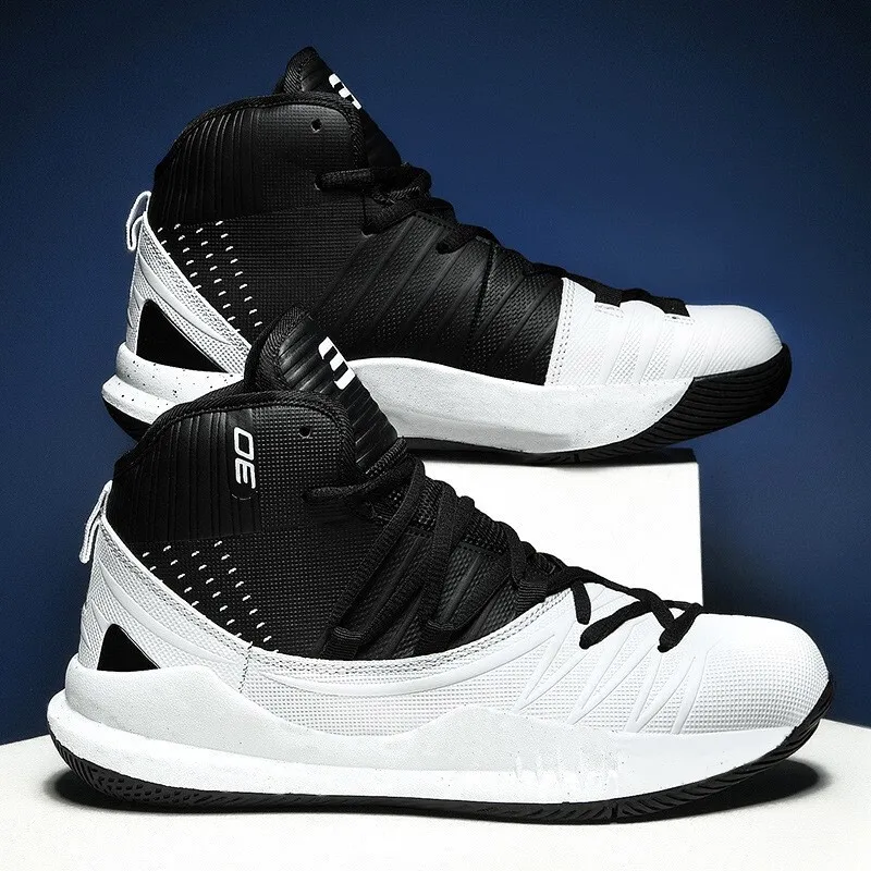 Men's High Top Basketball Sneakers Breathable Knit Upper Shock Absorbing Cushioning Anti Slip Sports Trainers_vogvips.com