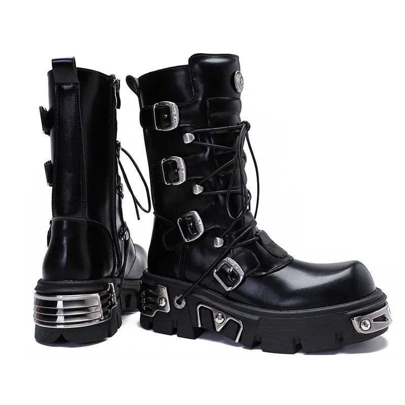 Gothic Skull Metal Platform Black Leather Punk Rock Motorcycle Combat Boots With Buckle Straps_voghion.com