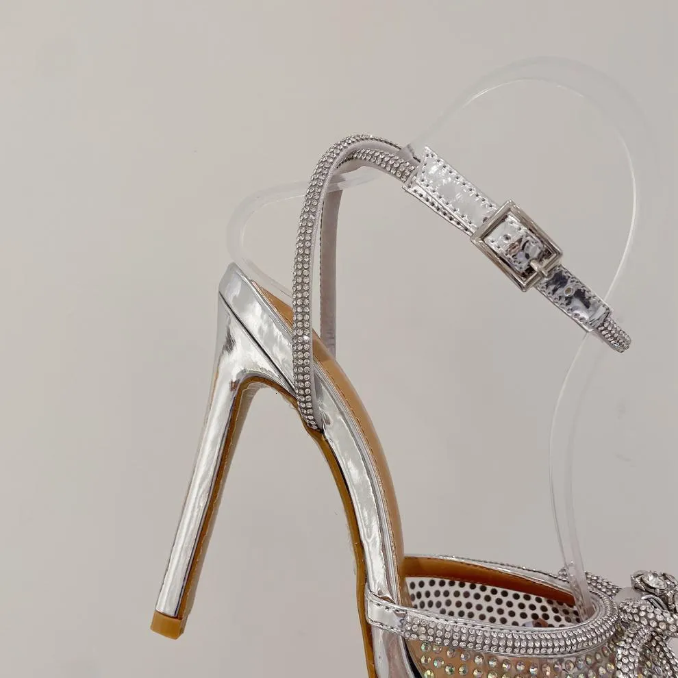 Women's Silver Rhinestone Bow Pointed Toe Stiletto Pumps Wedding_voghion.com