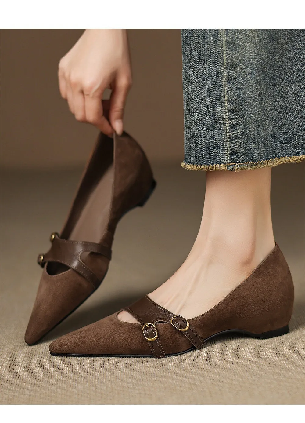 Women's Brown Suede Mary Jane Flat Sandals With Double Buckle Strap_voghion.com