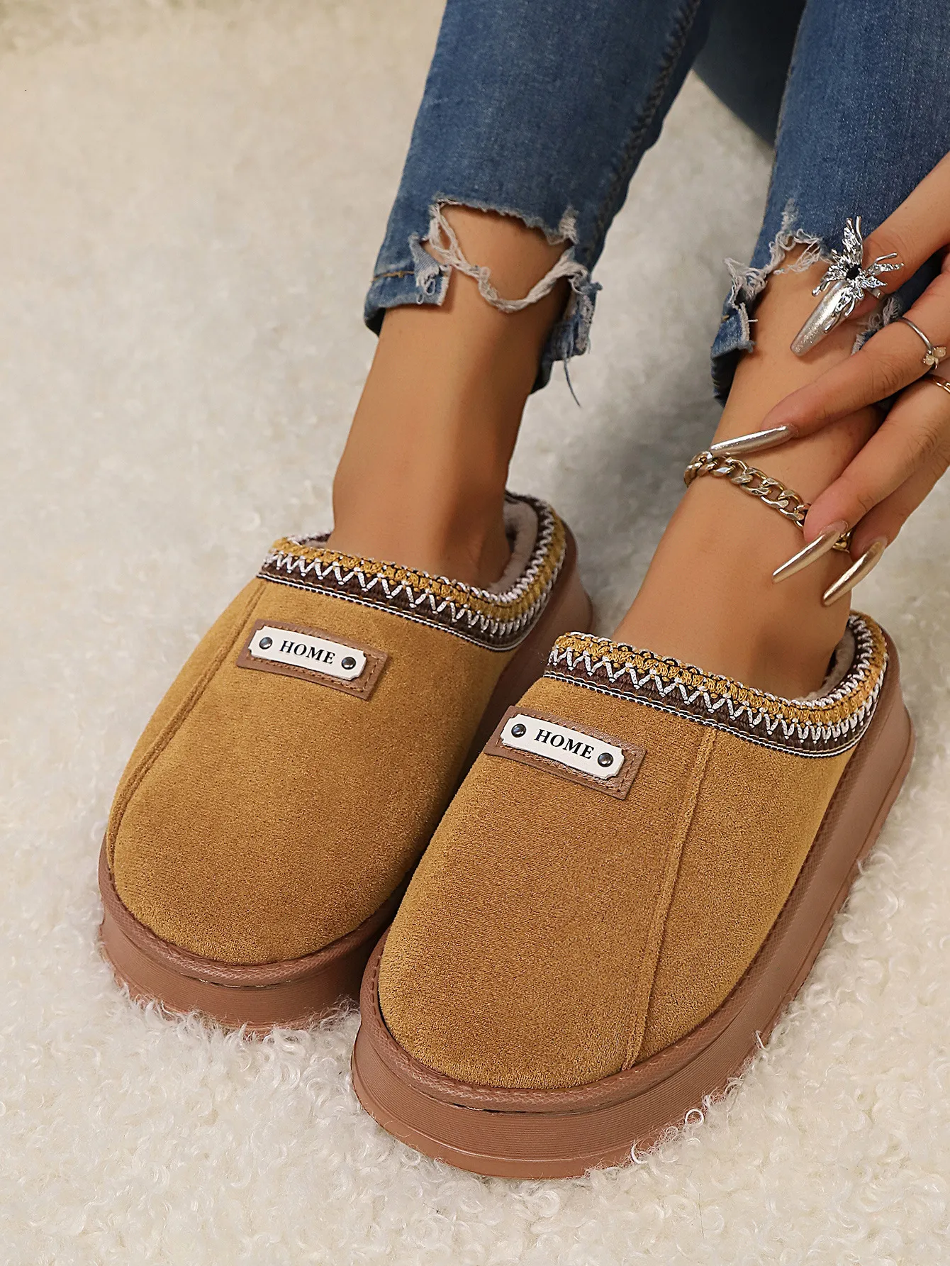 Womens Embroidered Platform Mules Summer Sandals Fleece Lined_voghion.com