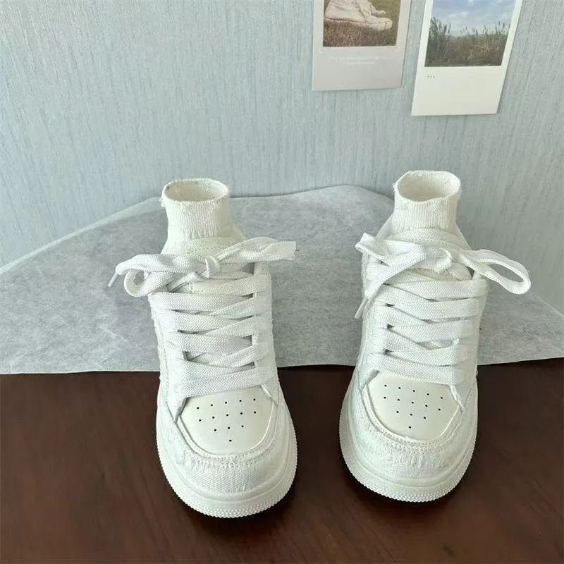 Women's Blue White Denim Patchwork Lace Up Trainers Thick Sole_voghion.com