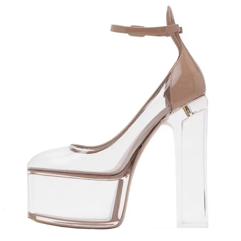 Womens Nude Clear Platform Heels Transparent Chunky Heel Summer Comfort Ankle Strap Pumps_voghion.com