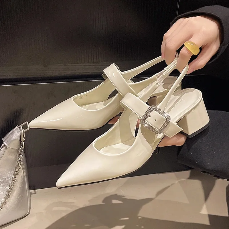 Pointed Toe Block Heel Sandals Spring Bright Diamond Square Button High Heeled Single Shoes 260530_voghion.com