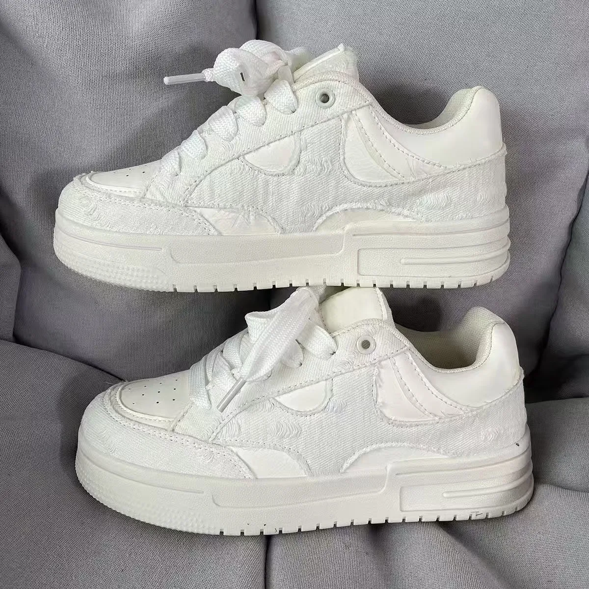Women's Blue White Denim Patchwork Lace Up Trainers Thick Sole_voghion.com