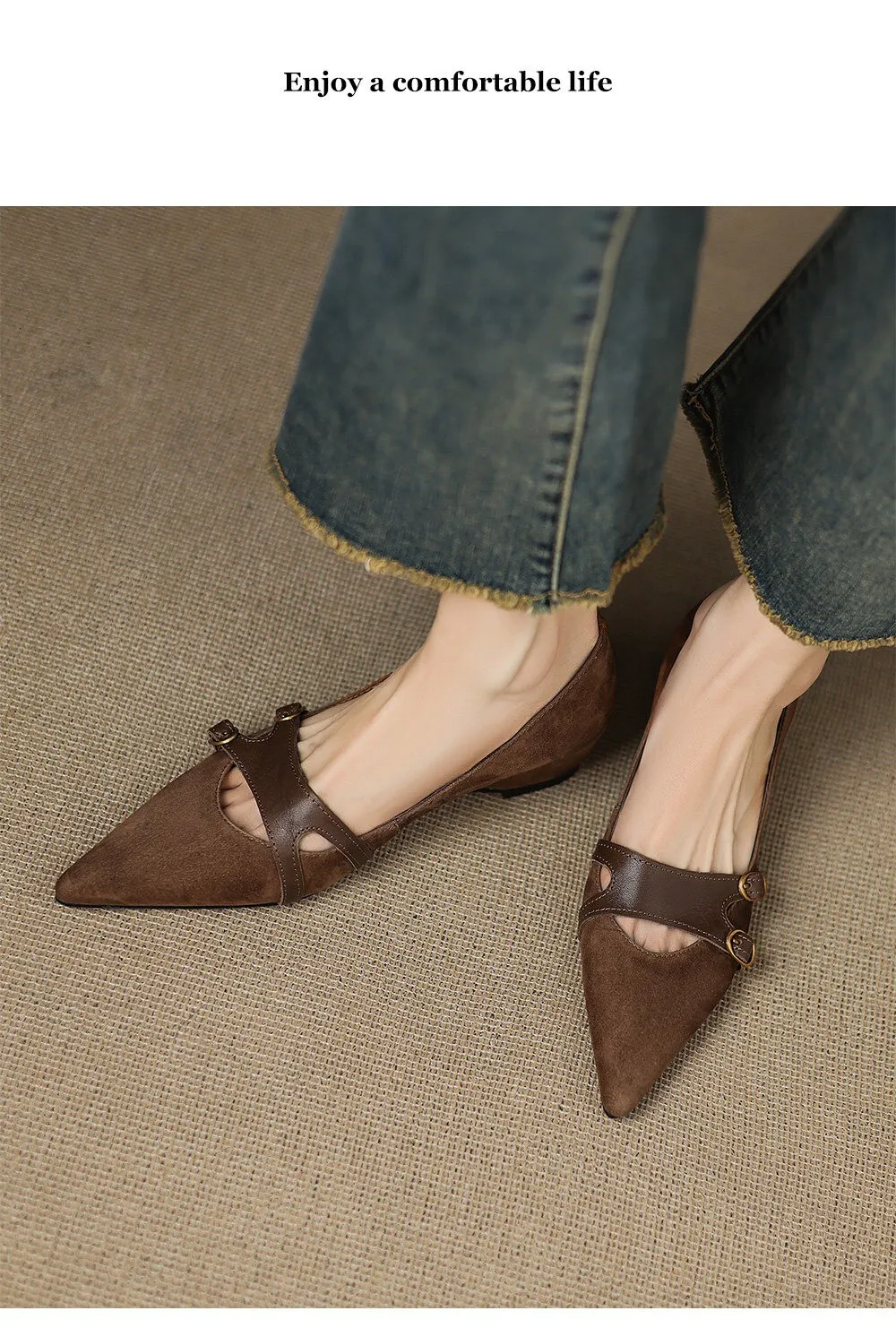 Women's Brown Suede Mary Jane Flat Sandals With Double Buckle Strap_voghion.com