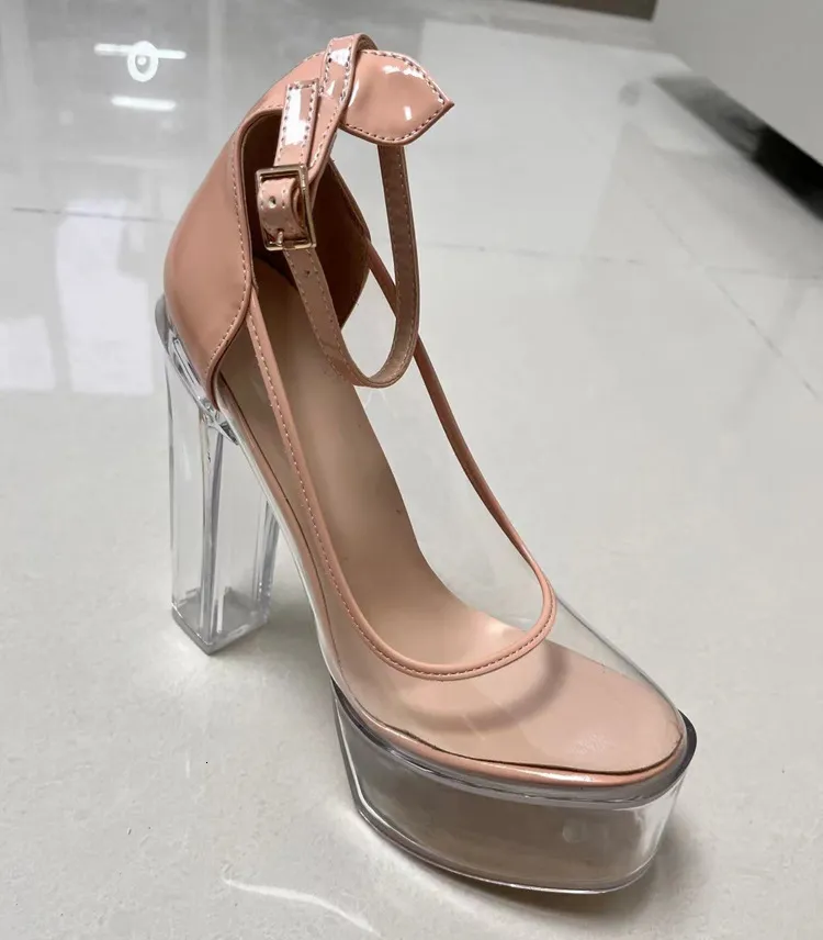 Women's Nude Clear Platform Heels Transparent Chunky Ankle Strap Pumps_voghion.com