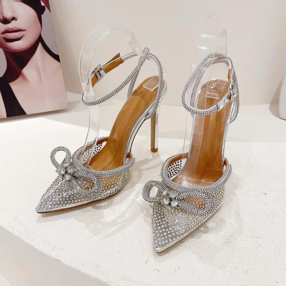 Women's Silver Rhinestone Bow Pointed Toe Stiletto Pumps Wedding_voghion.com