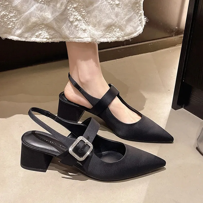 Pointed Toe Block Heel Sandals Spring Bright Diamond Square Button High Heeled Single Shoes 260530_voghion.com