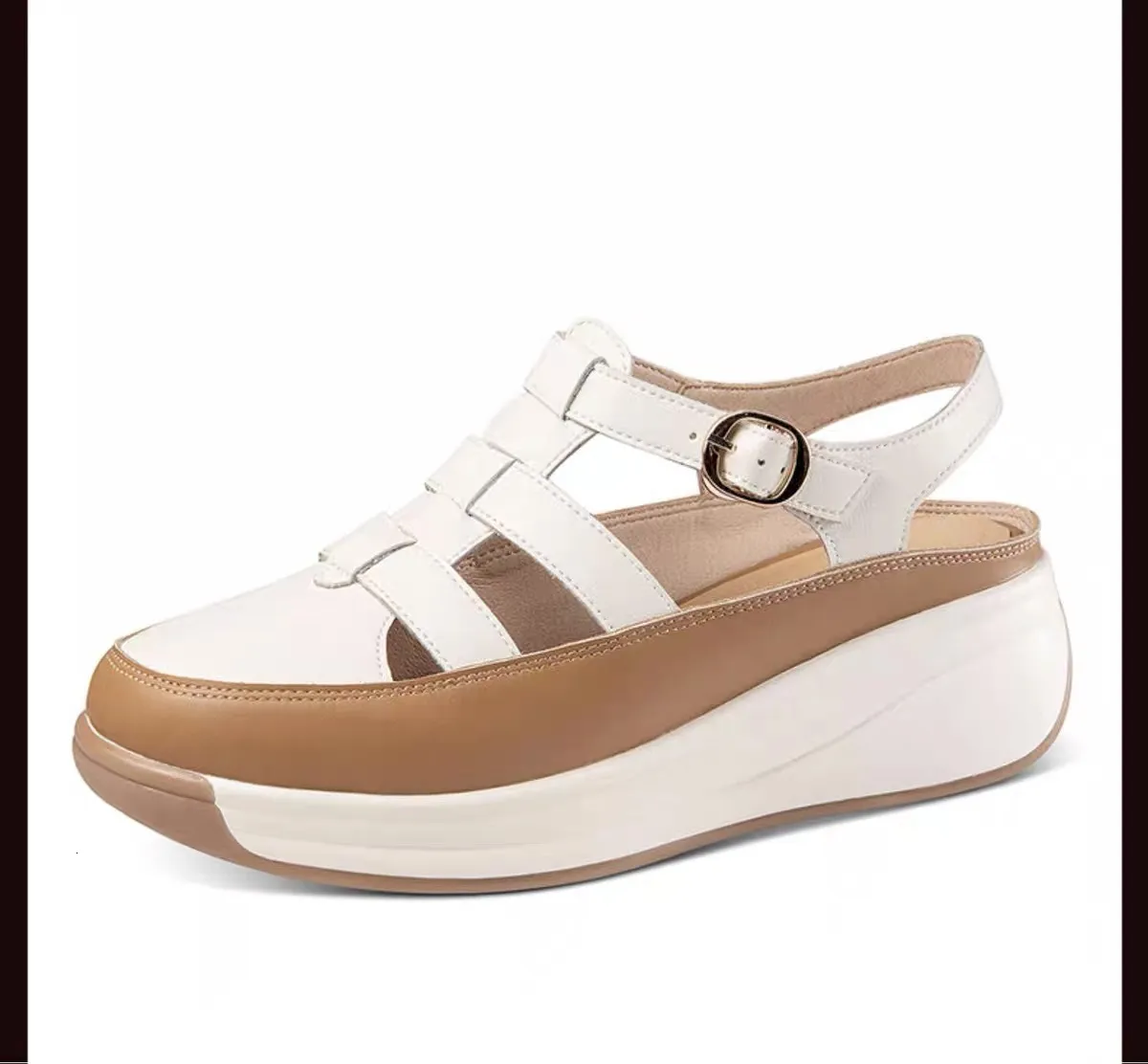 Weiße und beige Plateau-Sandalen im Gladiator-Stil für Damen mit Knöchelriemen, geschlossener Zehenpartie und Keilabsatz – bequem und lässig für den Sommer._voghion.com