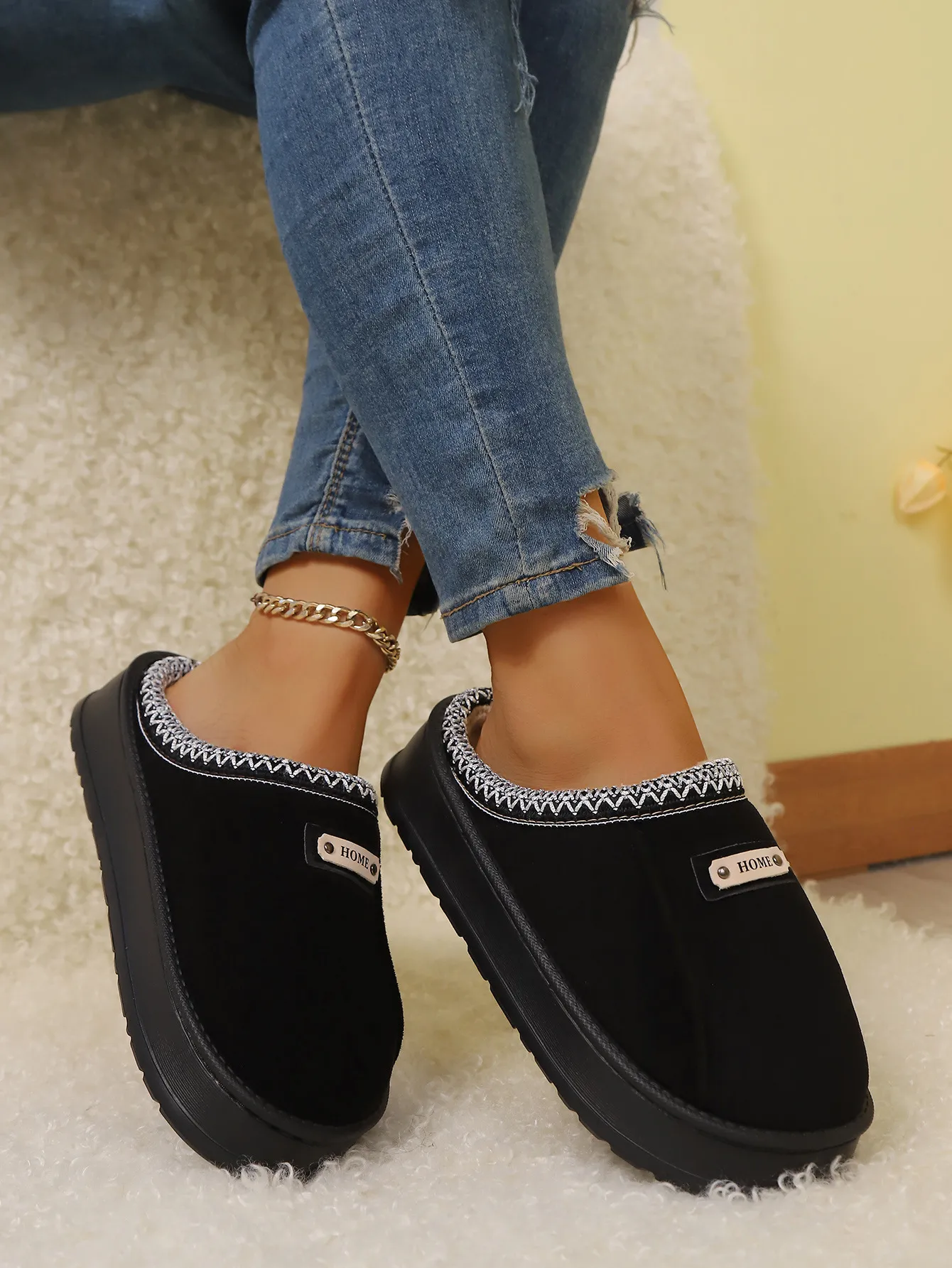 Womens Embroidered Platform Mules Summer Sandals Fleece Lined_voghion.com