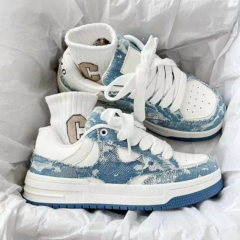 Women's Blue White Denim Patchwork Lace Up Trainers Thick Sole_voghion.com