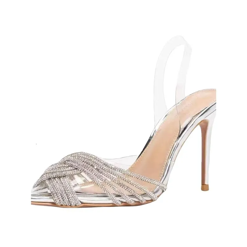 Womens Silver Summer Comfort Rhinestone Slingback Heels Pointed Toe Stiletto Sandals For Party_voghion.com