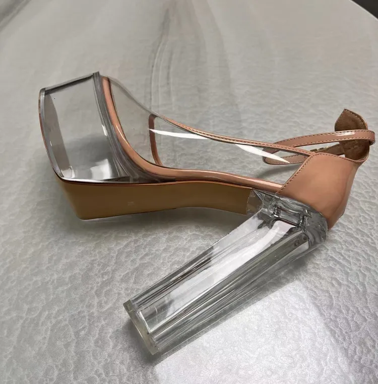 Women's Nude Clear Platform Heels Transparent Chunky Ankle Strap Pumps_voghion.com