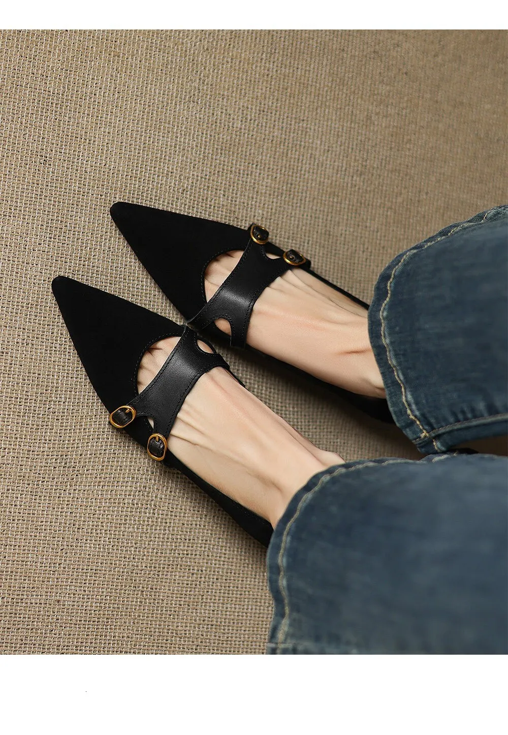 Women's Brown Suede Mary Jane Flat Sandals With Double Buckle Strap_voghion.com