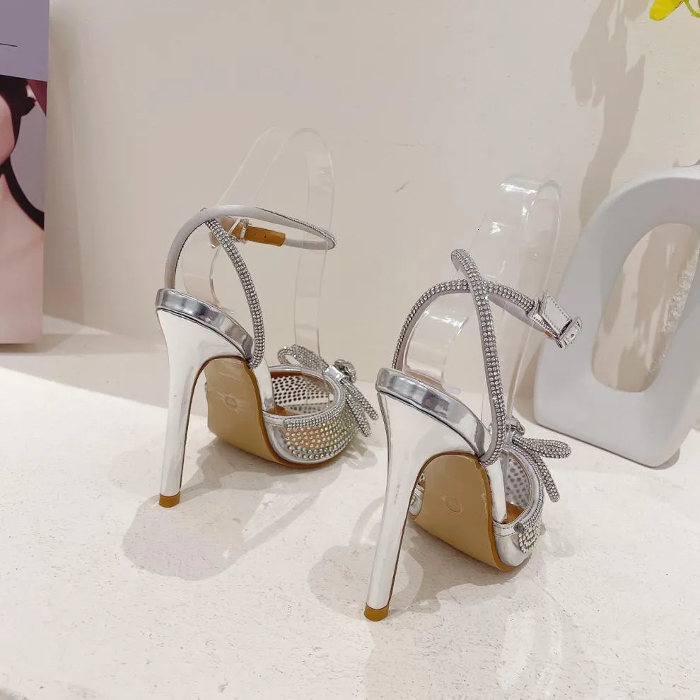 Women's Silver Rhinestone Bow Pointed Toe Stiletto Pumps Wedding_voghion.com