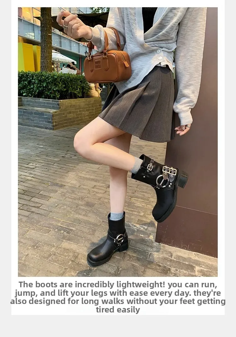 Bruine leren biker boots voor dames met blokhak en gesp_voghion.com