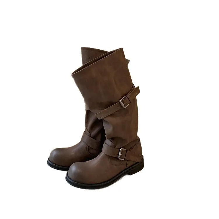 Vintage Buckle Strap Knee High Women Distressed Faux Leather Low Block Heel Slip On Casual Western Tall Boots_vogvips.com