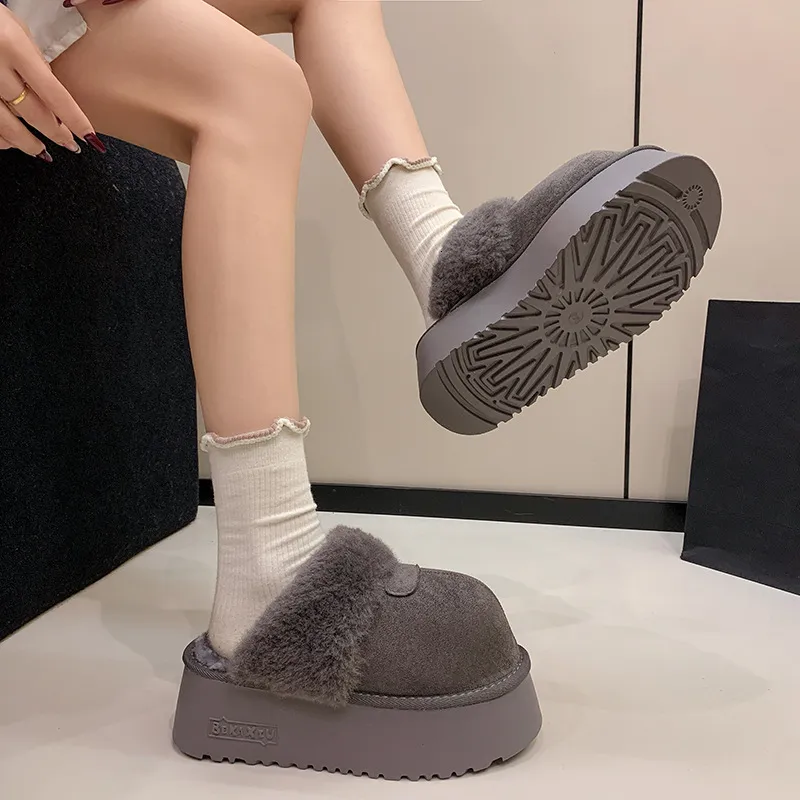 Women's Non-slip Fuzzy Platform Slippers Suede Lined Winter Slides_voghion.com