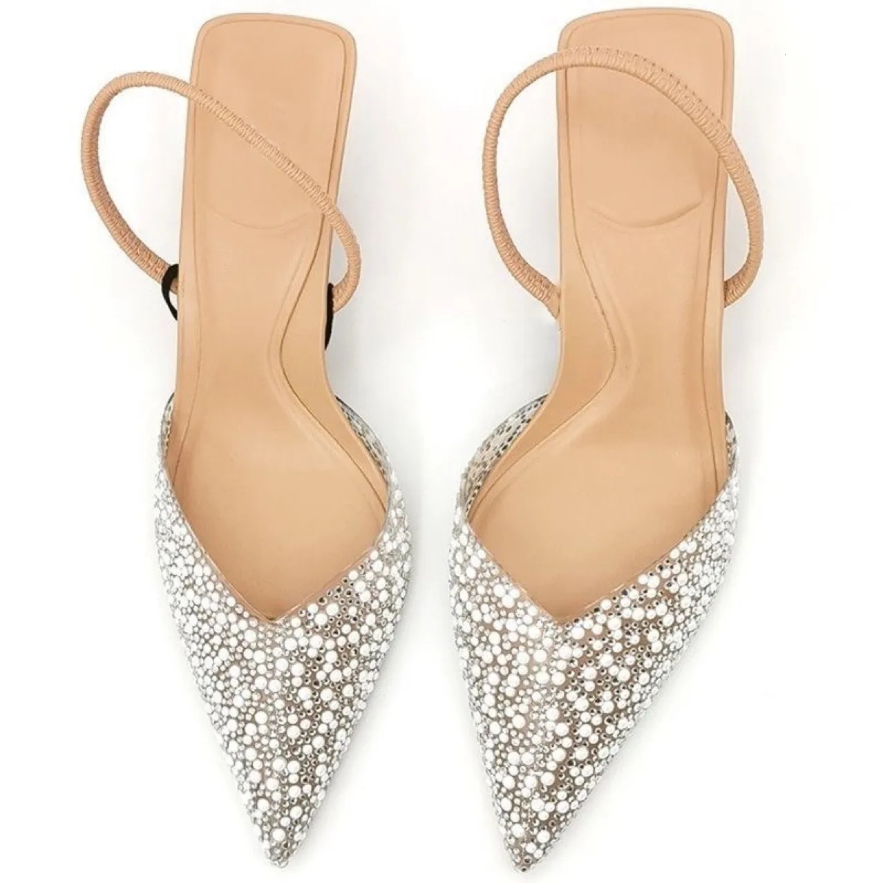 Womens Rhinestone Pearl Slingback Stiletto Heels For Party Wedding_voghion.com