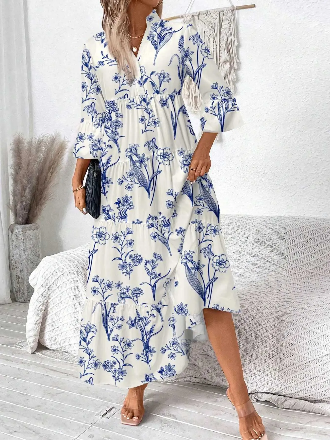 blue floral boho midi dress The Cordura Printed Boho Midi Dress in Powder Blue