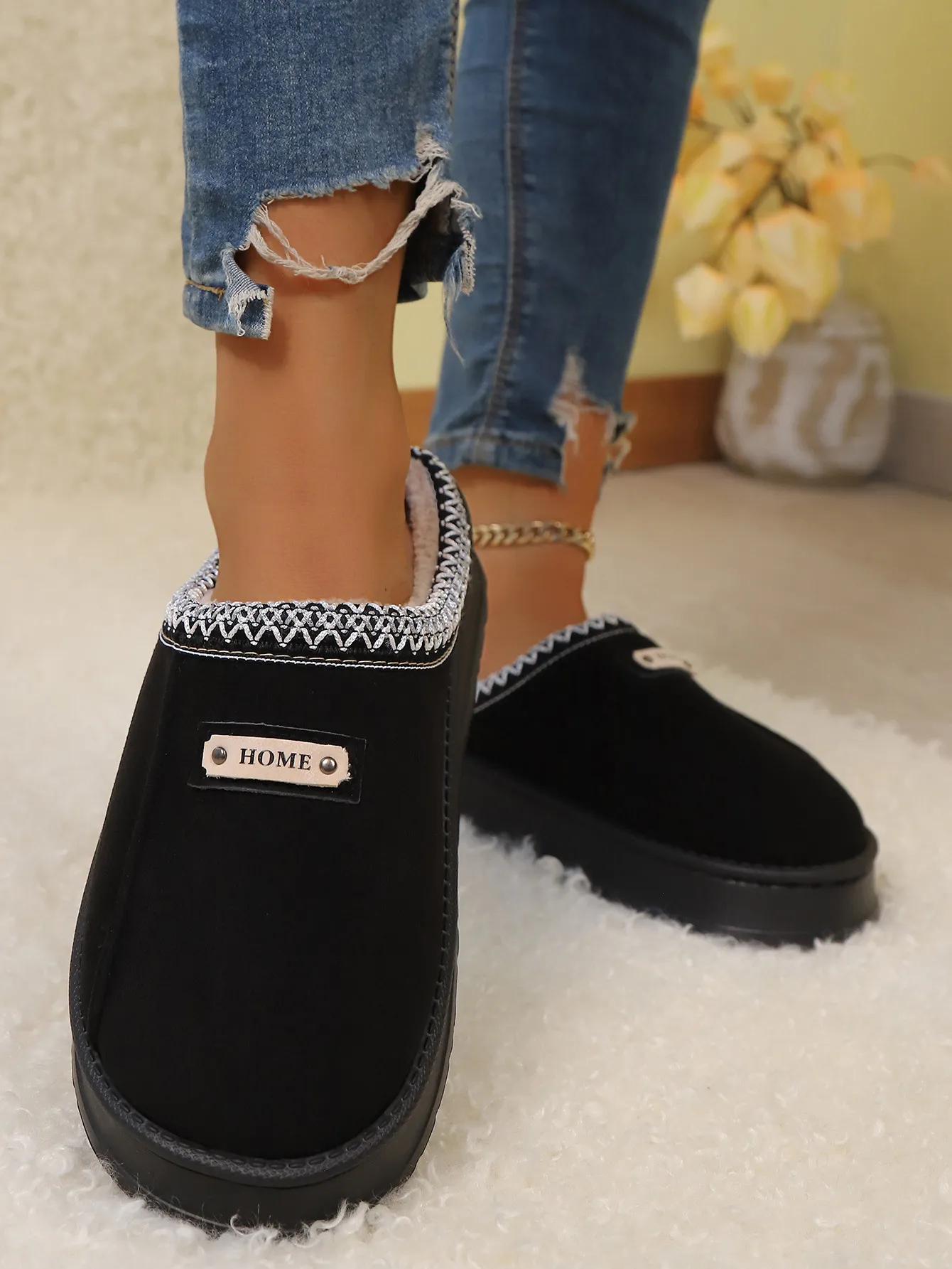 Womens Embroidered Platform Mules Summer Sandals Fleece Lined_voghion.com