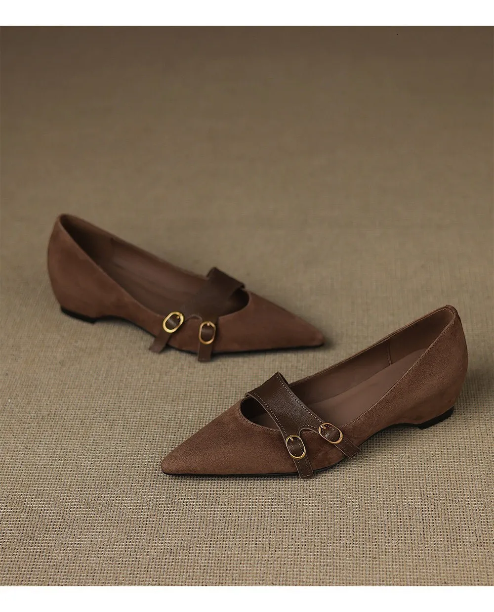 Women's Brown Suede Mary Jane Flat Sandals With Double Buckle Strap_voghion.com