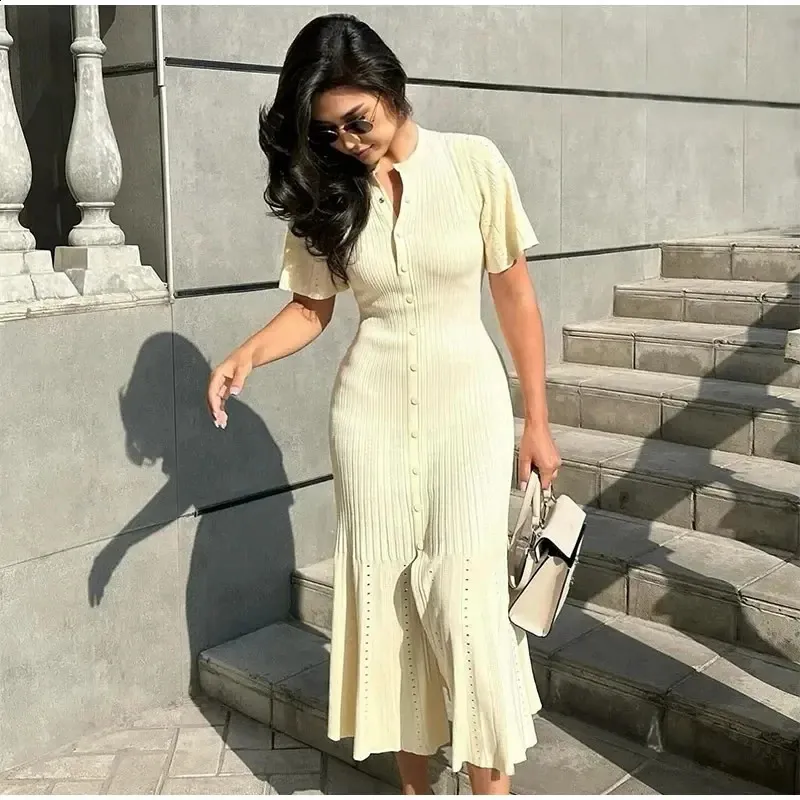 patchwork knitted summer dress Maxi for Women, Short Sleeve Hollow Out Ribbed Knitwear, Elegant High Waist Long Party Dress, Chic Style knitted beach dress