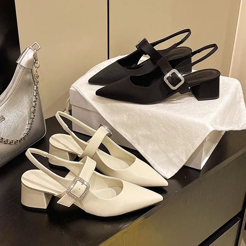 Pointed Toe Block Heel Sandals Spring Bright Diamond Square Button High Heeled Single Shoes 260530_voghion.com