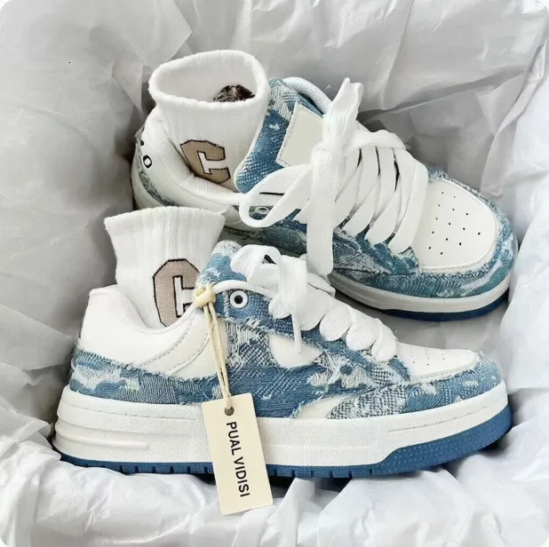 Womens Blue White Denim Patchwork Non Slip Sneakers Thick Sole Lace Up For Casual Street Style_voghion.com