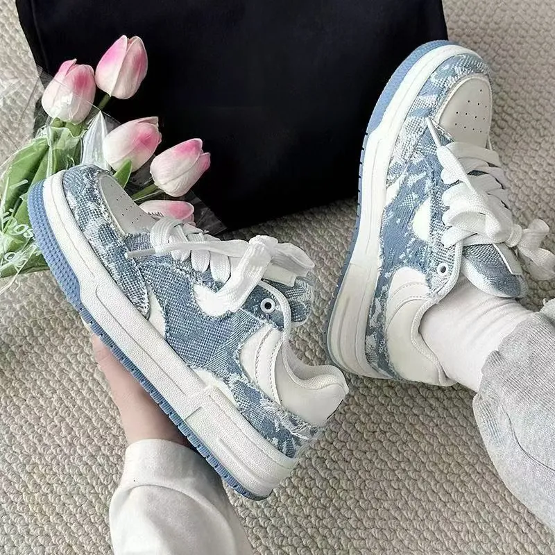 Womens Blue White Denim Patchwork Non Slip Sneakers Thick Sole Lace Up For Casual Street Style_voghion.com