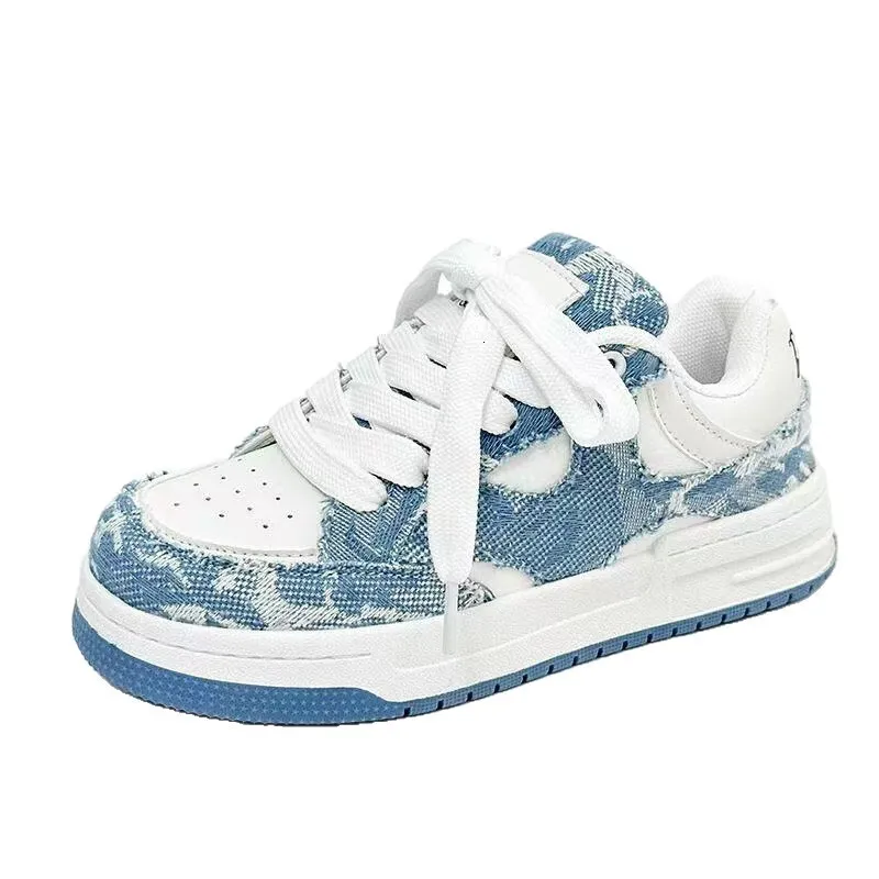Womens Blue White Denim Patchwork Non Slip Sneakers Thick Sole Lace Up For Casual Street Style_voghion.com