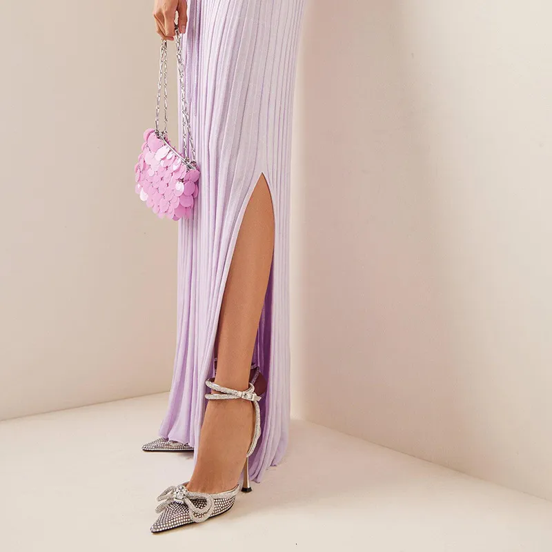 Women's Silver Rhinestone Bow Pointed Toe Stiletto Pumps Wedding_voghion.com