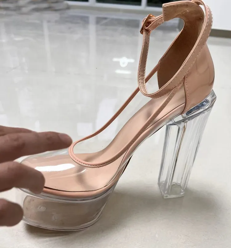 Women's Nude Clear Platform Heels Transparent Chunky Ankle Strap Pumps_voghion.com